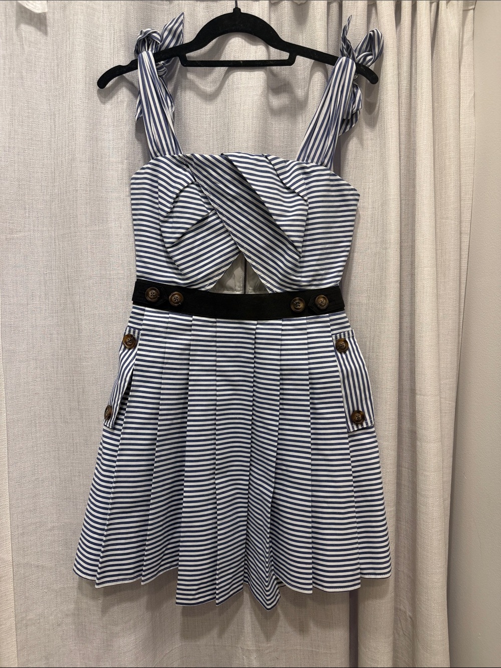 Self Portrait Striped Navy and White Tie-Shoulder Sundress